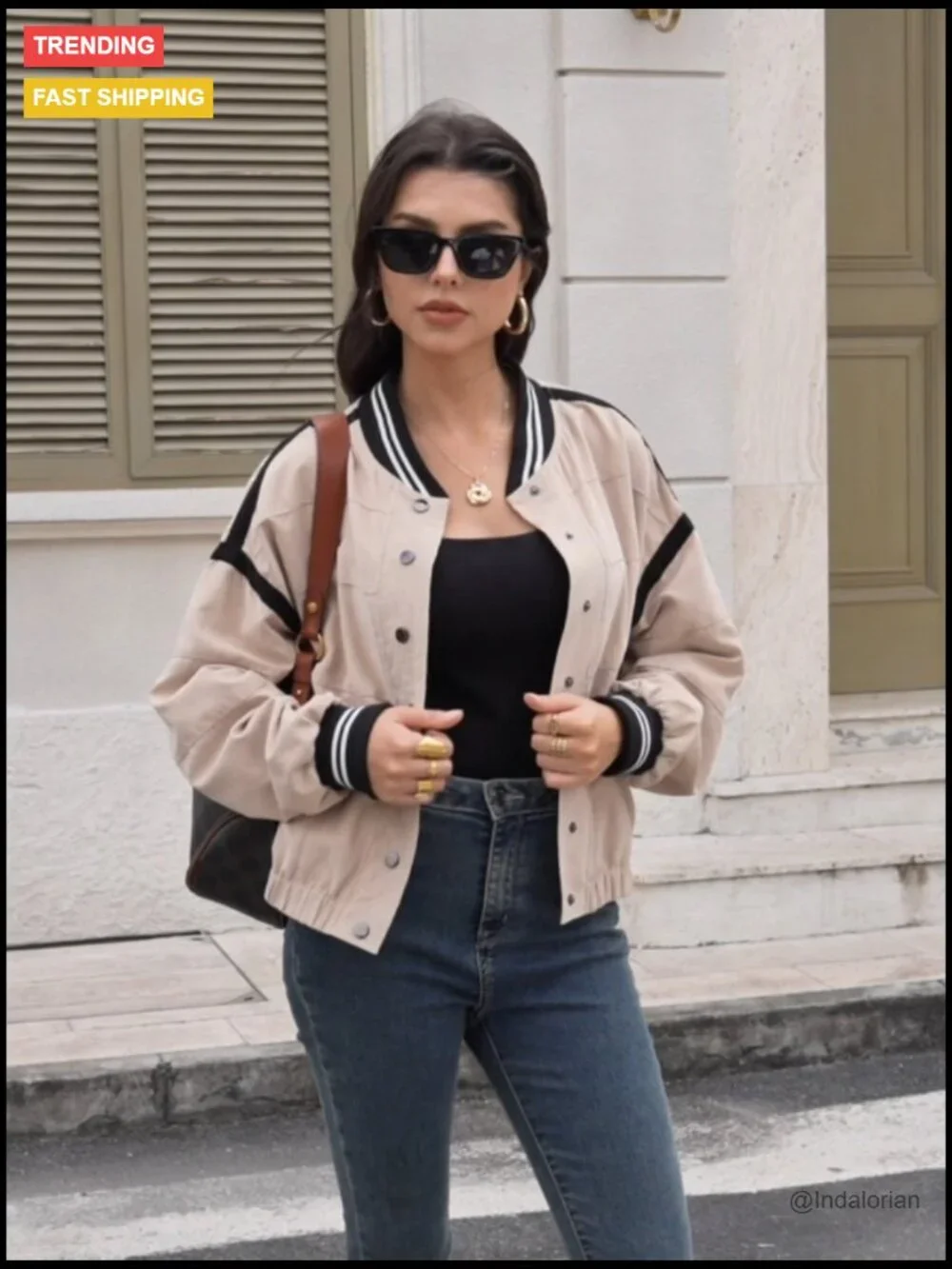 Cropped Bomber Jacket with Button Front and Side Pockets - Picture 6 of 6